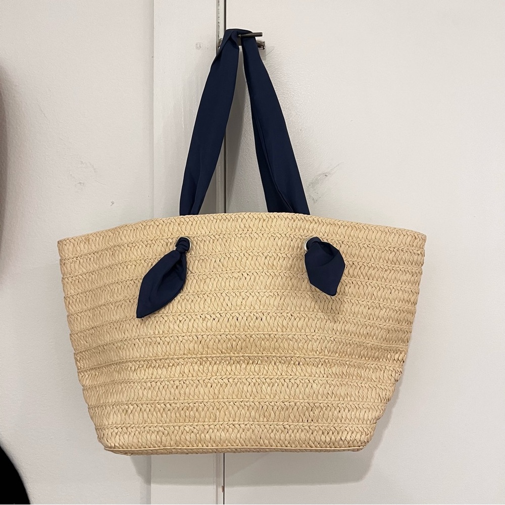 Neiman Marcus Straw Tote Navy Ribbon Straps
